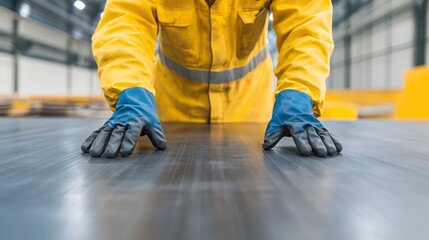 Obraz premium A worker in a yellow safety suit and blue gloves examines a surface in an industrial setting, highlighting occupational safety and craftsmanship.