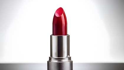 Deep red lipstick in a shiny silver tube. This elegant lipstick adds a bold and luxurious touch to any makeup look