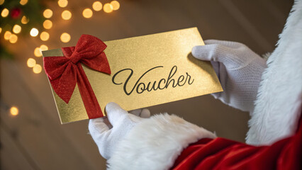 Golden voucher held by Santa with festive decorations in background