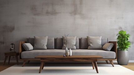 interior design concept sofa with gray upholstery coffee table with wooden surface on beige wall background designer vases on the table
