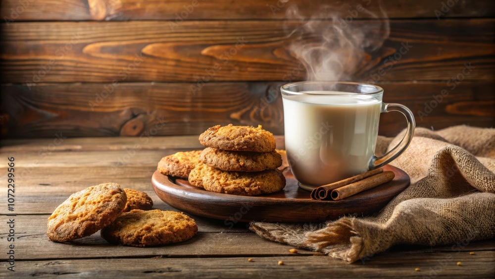 Aufkleber a rustic still life with a warm mug of steaming milk and freshly baked cookies on a wooden table