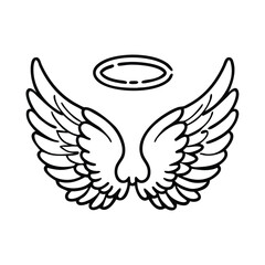 Angel wings and halo line drawing, Simple black and white line drawing of a pair of angel wings with a halo, symbolizing purity and spirituality.
