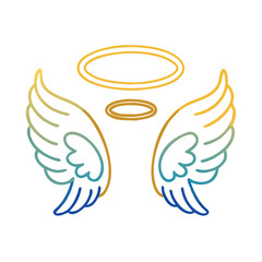 Angel wings and halo line drawing, Simple black and white line drawing of a pair of angel wings with a halo, symbolizing purity and spirituality.
