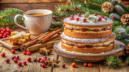 Fototapeta premium A Festive Cranberry Cake with Powdered Sugar and a Cup of Coffee on a Rustic Wooden Table