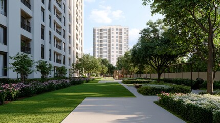 Fototapeta premium Modern Apartment Complex with Lush Green Pathway