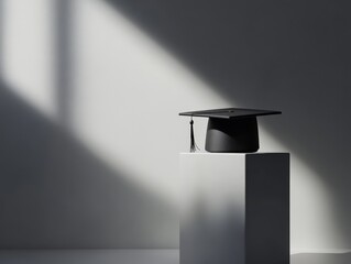 Graduation cap on a pedestal in a spotlight