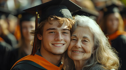 Fototapeta premium Smiling female graduate embraces her grandfather on university grounds, celebrating her degree and the strong bond of family support in her academic journey