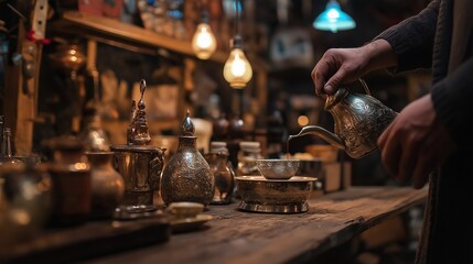 Vintage Coffee Brewing Setup with Copper Utensils in Rustic Cafe