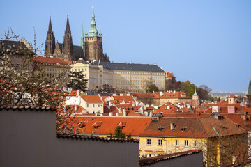 Obraz premium view of the old town church and buildings with red tiled roofs against a blue sky background