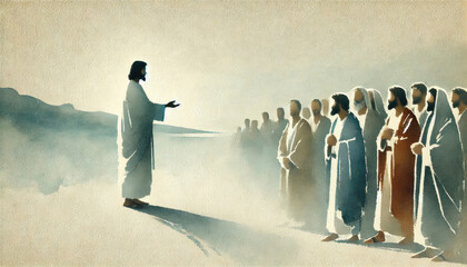 The moment symbolizing the disciples’ mission to make disciples of all nations. Digital painting.