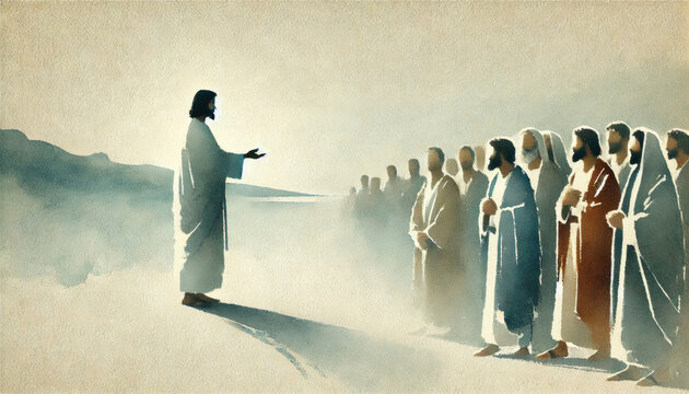 The moment symbolizing the disciples’ mission to make disciples of all nations. Digital painting.