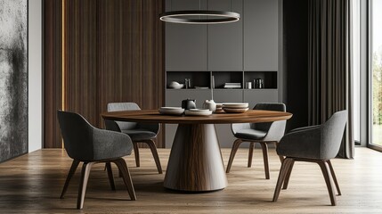 Spacious Dining Room with Modern Round Wooden Table