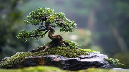 Bonsai Tree on a Mossy Rock in a Tranquil Setting