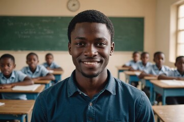 Close portrait of a smiling young Ghanaian male elegant primary school teacher standing and looking at the camera, indoors almost empty classroom blurred background