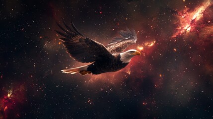 Obraz premium Cosmic Eagle: Majestic Bird Soaring Through Space in Aerodynamic Suit with Cinematic Lighting and Starry Backdrop - Side Profile View