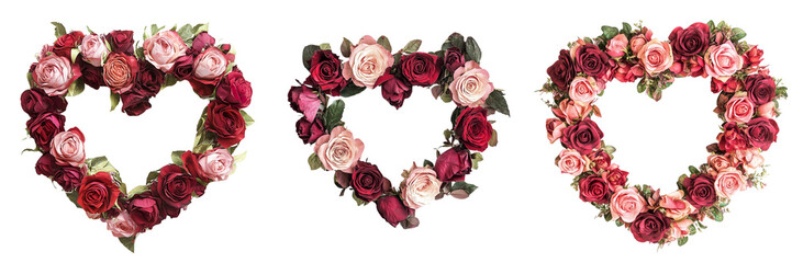 Set of heart wreath made of red and pink roses vintage isolated on a transparent background