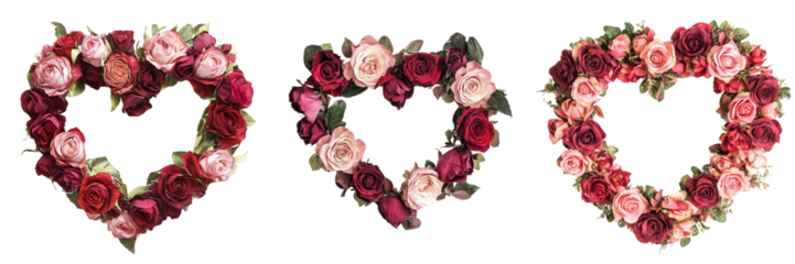 Set of heart wreath made of red and pink roses vintage isolated on a transparent background