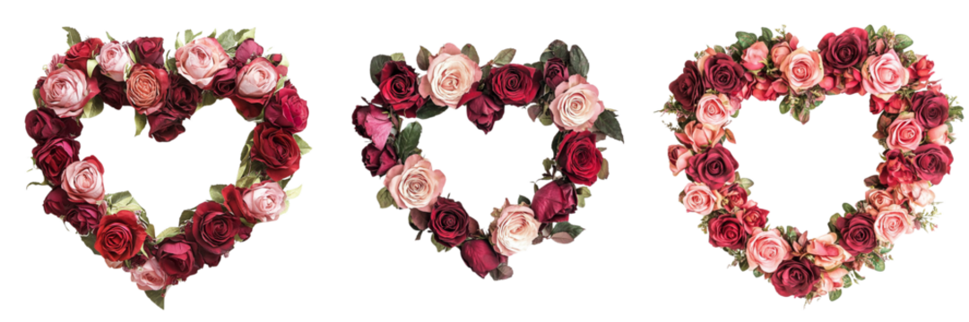 Set of heart wreath made of red and pink roses vintage isolated on a transparent background