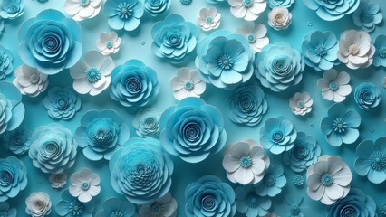 Intricate blue and white paper flowers on a turquoise background