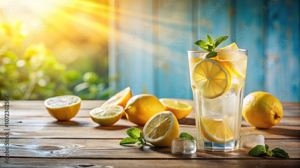 Poster a refreshing glass of lemonade with ice and lemon slices on a wooden table with natural light shinin