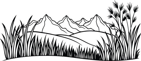 Single one line drawing landscape grass concept. Continuous line draw design graphic vector