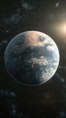 Naklejka premium Habitable Exoplanet with Visible Clouds and Sunlight