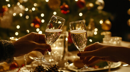 two people clink glasses of champagne at christmas table in the background is a christmas tree