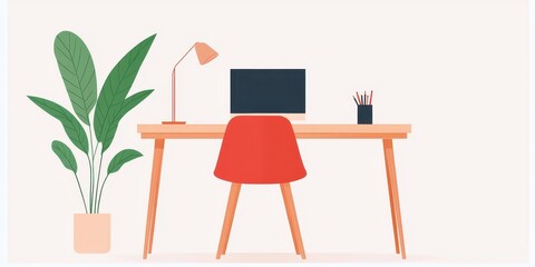 Cozy and Minimalist Home Office with Modern Desk, Comfortable Chair, Desk Lamp, Computer, and Indoor Plant, Ideal for Remote Work and Productivity Enhancements