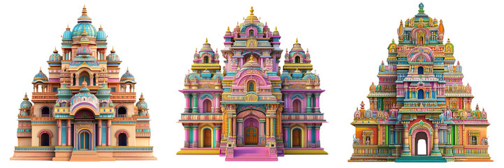 Fototapeta premium Set of Colorful Temple in India architecture building isolated on a transparent background
