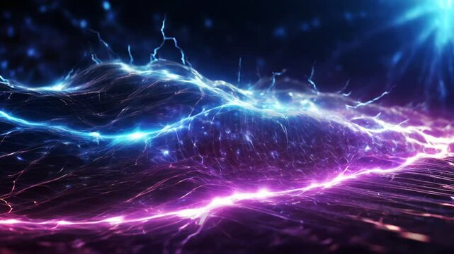 abstract scenes with high-energy flashes of light that appear like lightning or flowing electric currents. a futuristic and illusory atmosphere like a network or energy fiber. 4K