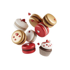Golden, white and red macaroons and cupcakes illustration in cute rounded 3d style. French dessert render isolated. Heart confetti around.