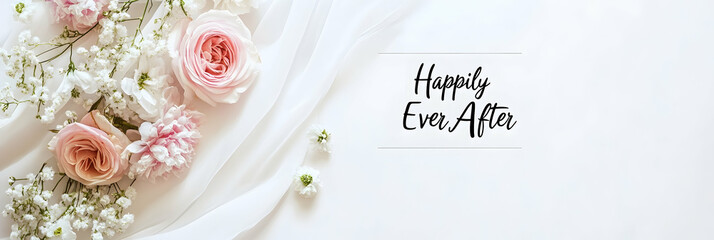 Delicate floral arrangement with elegant text for a wedding celebration backdrop