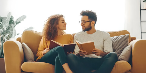 A young couple cherishing their time at home, with the husband immersed in a book while his wife sleeps comfortably against him on the sofa, representing the beauty of love and relaxation