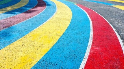 Vibrant Urban Bicycle Path, a lively scene featuring a painted concrete path adorned with colorful lines, encouraging outdoor activity and healthy living in city environments.