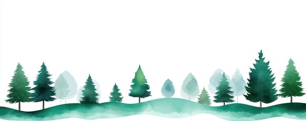 Serene Watercolor Landscape Featuring Lush Green Trees and Rolling Hills with a Soft Gradient Background for Peaceful Nature-Themed Illustrations or Designs