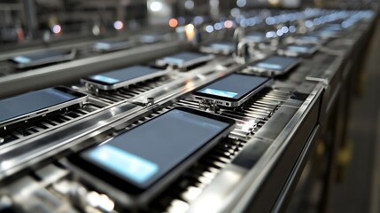 A production line with multiple smartphones arranged for assembly or quality control.