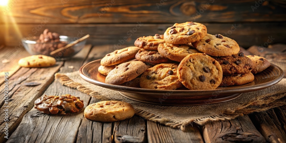 Poster a plate of freshly baked chocolate chip cookies, arranged in a tempting pile, resting on a rustic wo
