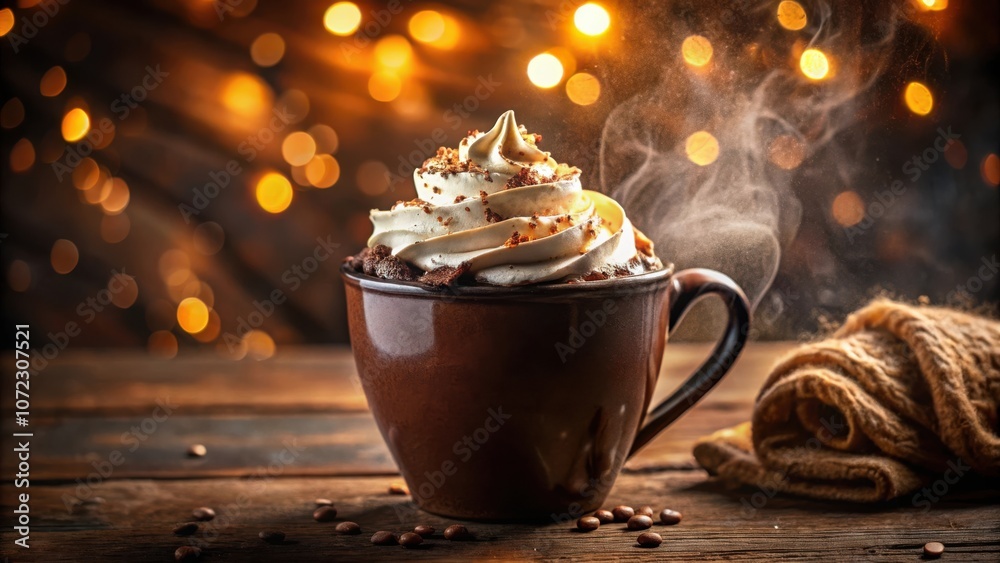 Poster a steaming cup of coffee topped with whipped cream and sprinkles, sitting on a rustic wooden table w