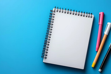 Blank spiral notebook on a blue background with colorful markers ready for creative writing