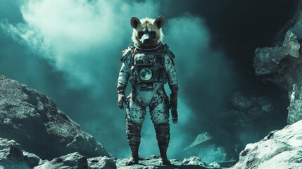 Fototapeta premium Intergalactic Explorer - Hyena in Space Suit on Alien Planet with Dramatic Lighting