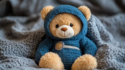 A cute teddy bear wearing a blue knitted hoodie sits on a gray blanket.