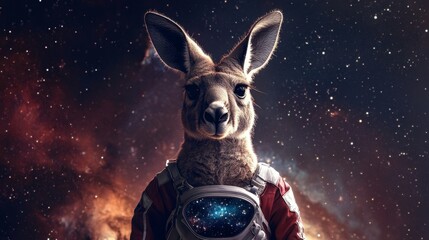 Fototapeta premium Starry Pouch Expedition: Kangaroo in Space Suit with Galaxy Background