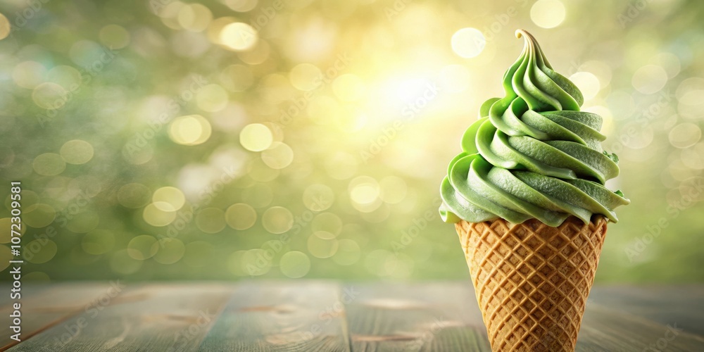 Poster A single serving of green ice cream in a crispy cone, resting on a rustic wooden table with a blurred background of vibrant green and gold bokeh lights.