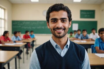 Close portrait of a smiling young Kuwaiti male elegant primary school teacher standing and looking at the camera, indoors almost empty classroom blurred background