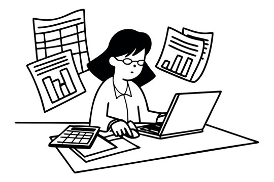 recommend clip art: Woman accountant. Statement analysis, budget planning, bookkeeping operation, financial audit. Line art vector illustration