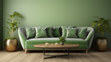interior design concept sofa with green upholstery coffee table with wooden surface on beige wall background trees in pots design