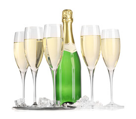 Bottle and glasses of champagne with ice cubes isolated on white