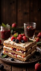 Slice of cake on a wooden table