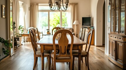 Fototapeta premium Elegant Dining Room with Extendable Table and High Back Chairs