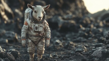 Extraterrestrial Exploration: Goat in Rustic Space Suit on Alien Field at Dawn - Realistic Detailed Textures